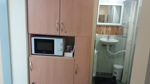 a bathroom with a microwave in a cupboard with a sink at Нощувки Ботеви in Shumen