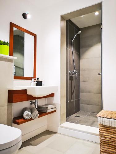 a bathroom with a sink and a shower at Avya's Studio 113 at Ebene Square, Ebene in Ebene