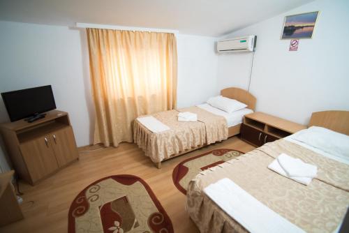 una camera d'albergo con due letti e una televisione di Pensiunea Melisa a Tulcea