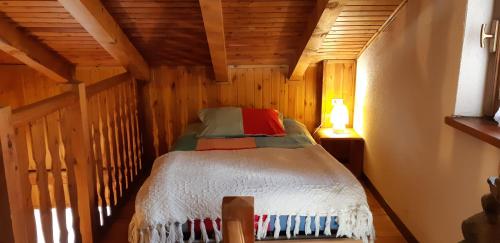 ein kleines Schlafzimmer mit einem Bett in einer Hütte in der Unterkunft Casetta di montagna Viuex in La Magdeleine