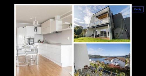 a collage of pictures of a house and a kitchen at Bjørnestrand Fjordside View in Bergen