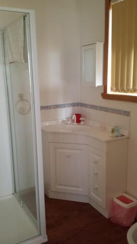 a white bathroom with a sink and a shower at St Helens On The Bay in St Helens