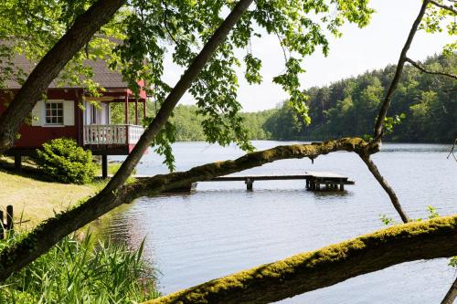 a view of a lake with a house and a dock at Hotel Gut Klostermühle natur resort & medical spa in Alt Madlitz
