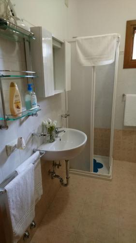 a bathroom with a sink and a shower with towels at Alloggi Diamante in Vicenza