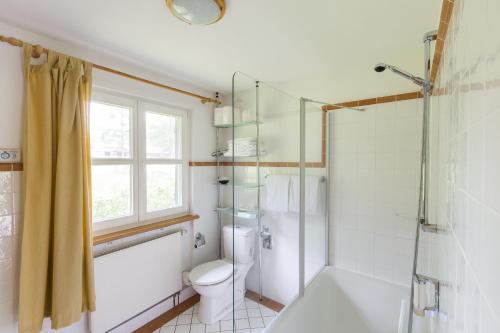 a bathroom with a toilet and a glass shower at Hotel Gut Klostermühle natur resort & medical spa in Alt Madlitz