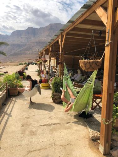 a group of people sitting in hammocks in a building at Ein Gedi Camp Lodge in Ein Gedi