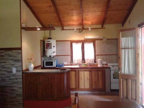 a kitchen with wooden cabinets and a counter with a microwave at Cabañas El Quijote in Los Reartes
