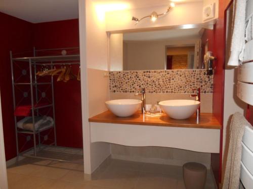 Baño con 2 lavabos y espejo en Le Moulin de Mayence, en Plazac