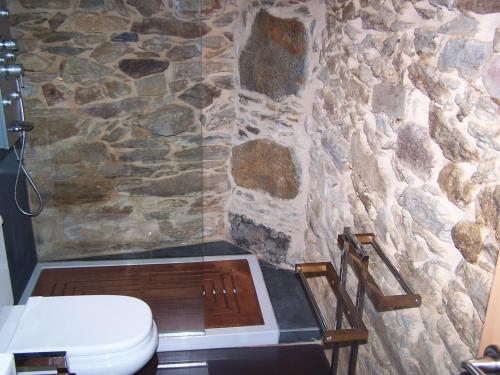 a bathroom with a stone wall and a toilet at Alojamiento Luz de Hadas in Sampil