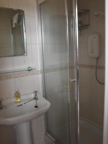 a bathroom with a sink and a shower at Herriot's in Hawes
