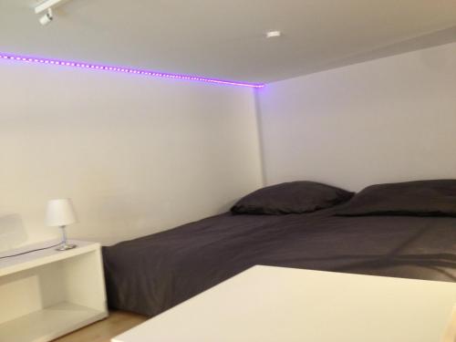 ミュンヘンにあるCity Apartment Munichのベッドルーム1室(壁に紫色の照明が付いたベッド1台付)