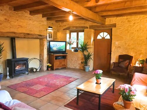 a living room with a fireplace and a television at Maison La Mouline in Groléjac