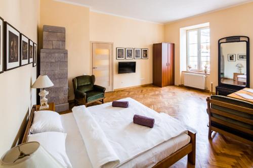 利沃夫Romari Ставропігійська的卧室里有一张白色的大床和一把椅子