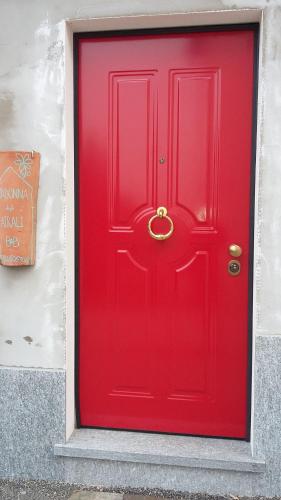 a red door with a gold ring on it at B&B Madonna degli Airali in Vezza d'Alba