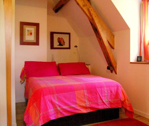 ein Schlafzimmer mit einem Bett mit einer rosa Decke in der Unterkunft Quercy Stone Gite Marcilhac in Marcilhac-sur-Célé