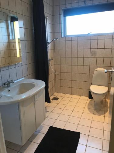 a bathroom with a sink and a toilet and a window at Søhusets anneks1 in Viborg