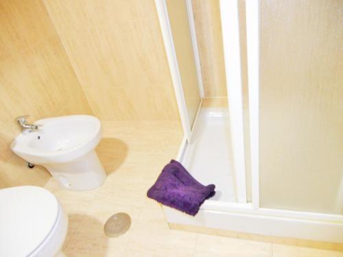 ein Badezimmer mit Toilette und Dusche mit einem lila Handtuch in der Unterkunft Martin House & Granada in Granada