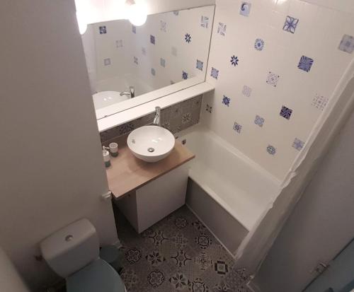 een kleine badkamer met een wastafel en een toilet bij Au coeur de la Grande Motte in La Grande-Motte