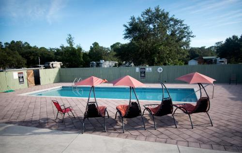 a group of chairs and umbrellas next to a pool at Camp Mack, A Guy Harvey Lodge in Lake Wales