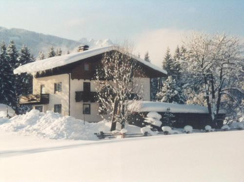 a house covered in snow with trees in the background at Haus Elsa in Ramsau am Dachstein