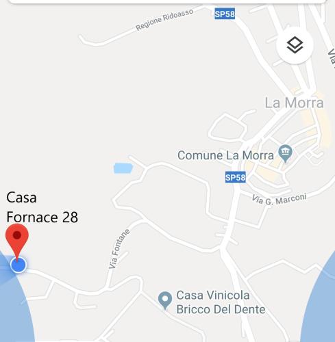 a map of la montera with a red marker at Casa Fornace 28 in La Morra