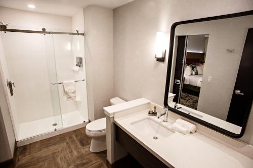 a bathroom with a sink and a toilet and a mirror at Hotel Rock Lititz in Lititz
