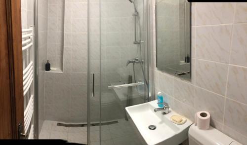 a bathroom with a glass shower and a sink at Modern Classic on Kiraly in Budapest