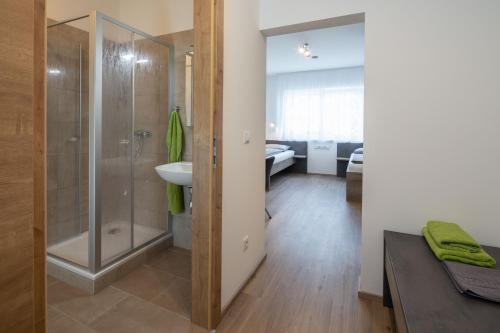 La salle de bains est pourvue d'une douche et d'un lavabo. dans l'établissement Haus an der Krems, à Kremsmünster