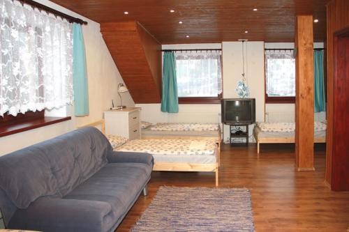 a living room with a couch and a tv at Penzion Stará sokolovna in Šumperk