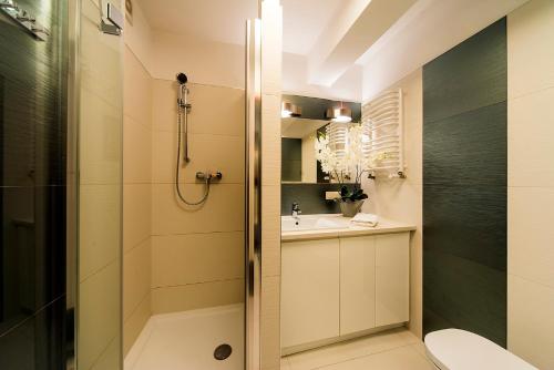 ein Badezimmer mit Dusche und Waschbecken in der Unterkunft Apartamenty EverySky - Prusa 2A - przyziemie in Karpacz