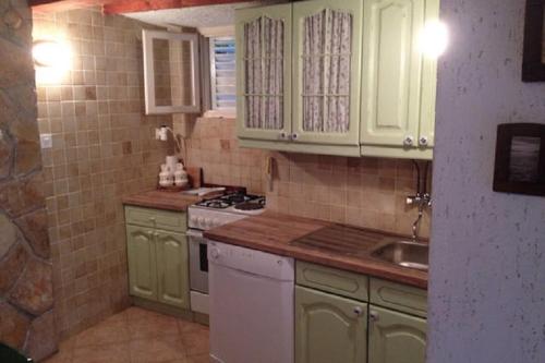 a small kitchen with green cabinets and a sink at Family house in the old center in Cres