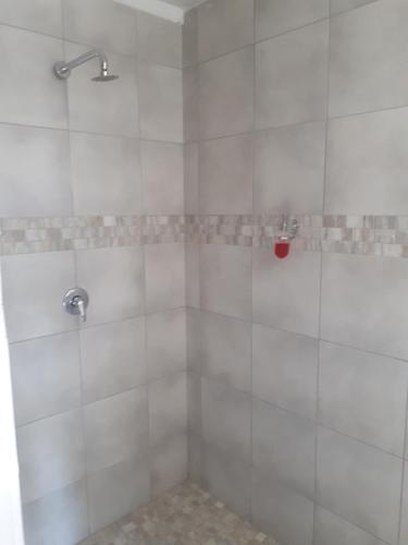 a bathroom with a shower with white tiles at Dreamwood Guest House in Nelspruit