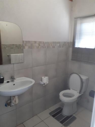 a white bathroom with a toilet and a sink at Dreamwood Guest House in Nelspruit