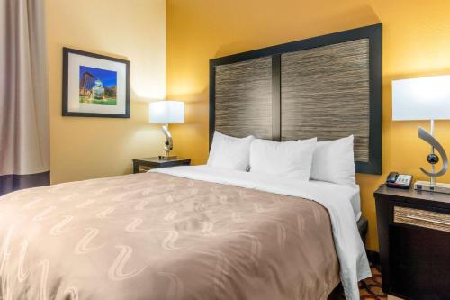 Cette chambre comprend un grand lit et un bureau. dans l'établissement Quality Inn & Suites Montgomery East Carmichael Rd, à Montgomery