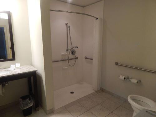 a bathroom with a shower with a toilet and a sink at Sleep Inn & Suites near Liberty Place I-65 in Evergreen