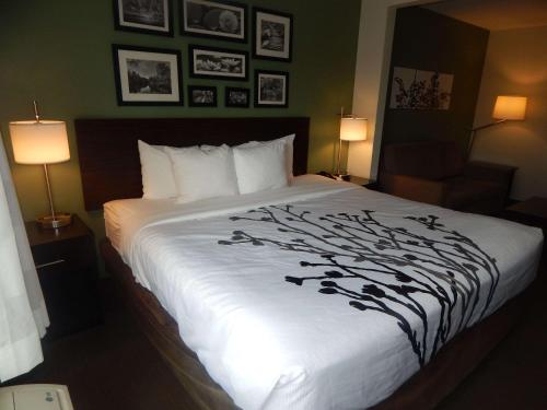 a hotel room with a bed with a tree on it at Sleep Inn & Suites near Liberty Place I-65 in Evergreen