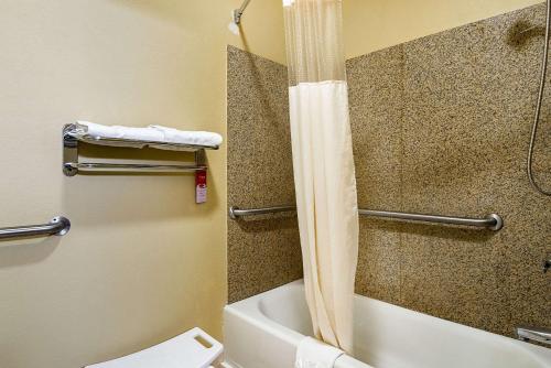 a bathroom with a shower and a toilet and a sink at Econo Lodge Inn & Suites Bryant in Bryant