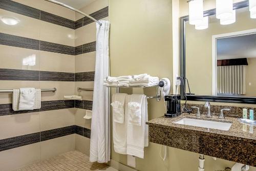 a hotel bathroom with a sink and a shower at Quality Inn & Suites Phoenix NW - Sun City in Youngtown