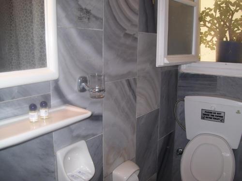 a bathroom with a toilet and a sink at Galini Bungalows in Kionia