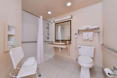 a bathroom with a toilet and a sink and a mirror at Hotel Nova SFO in South San Francisco