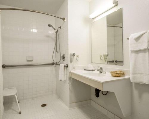 a white bathroom with a sink and a shower at Rodeway Inn Watsonville in Watsonville