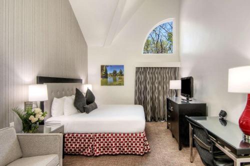 Cette chambre comprend un lit, un bureau et une fenêtre. dans l'établissement Aggie Inn, Ascend Hotel Collection, à Davis