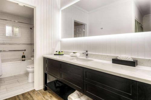 a bathroom with a sink and a toilet and a mirror at Aggie Inn, Ascend Hotel Collection in Davis