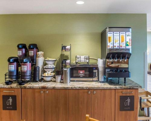 a kitchen with a counter with aasteryasteryasteryasteryasteryasteryasteryasteryastery at Comfort Inn in Brockville