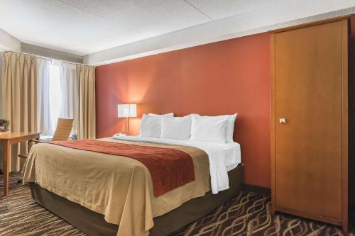 オシャワにあるComfort Innの大きなベッドとデスクが備わるホテルルームです。