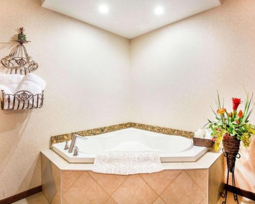 baño con bañera y jarrón de flores en Quality Inn & Suites Lethbridge, en Lethbridge