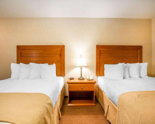 a hotel room with two beds and a table with a lamp at Quality Inn & Suites in Lethbridge