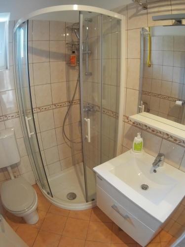 un bagno con doccia, lavandino e WC di The Place a Lubiana