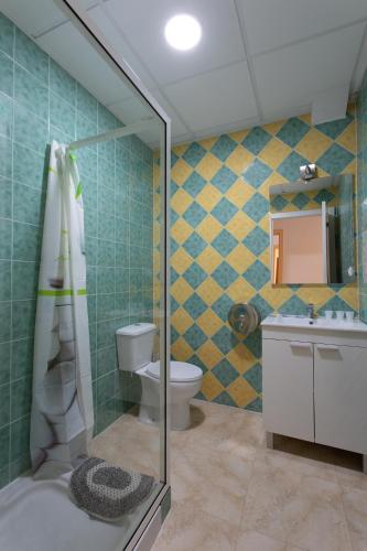a bathroom with a shower and a toilet and a sink at A taberna de vento in Lalín