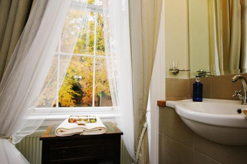 La salle de bains est pourvue d'un lavabo, d'une fenêtre et de serviettes. dans l'établissement Annamult Country House Estate, à Kilkenny